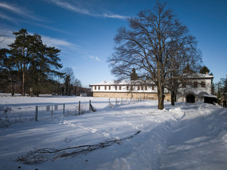 Winter view of the nineteenth century Sokolski Monastery Holy Mother's Assumption, Gabrovo region, Bulgariaの写真素材