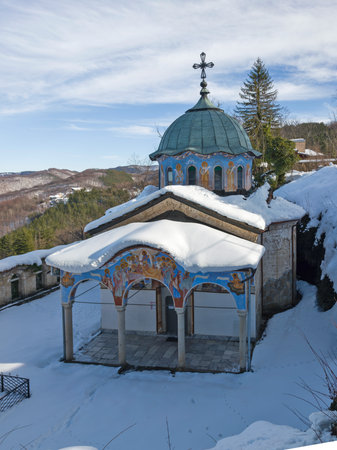 Winter view of the nineteenth century Sokolski Monastery Holy Mother's Assumption, Gabrovo region,...