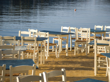 Panorama from the The coastal street of Skiathos Town, Sporades, Thessaly, Greeceの写真素材