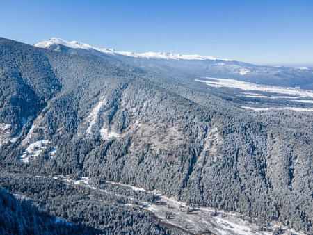Aerial winter view of Rila Mountain near Beli Iskar village, Sofia Region, Bulgariaの写真素材