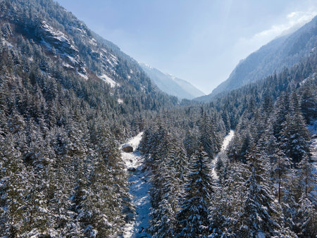 Aerial winter view of Rila Mountain near Beli Iskar village, Sofia Region, Bulgariaの写真素材