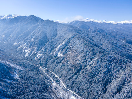 Aerial winter view of Rila Mountain near Beli Iskar village, Sofia Region, Bulgariaの写真素材