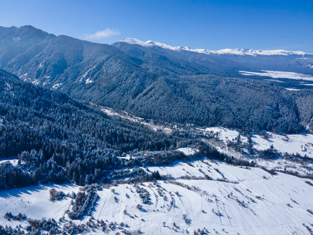 Aerial winter view of Rila Mountain near Beli Iskar village, Sofia Region, Bulgariaの写真素材