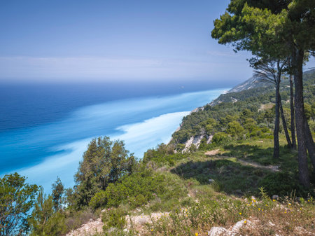 Amazing Panorama of Lefkada Coastline near Egremni Beach, Ionian Islands, Greeceの写真素材