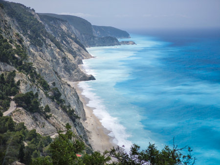 Amazing Panorama of Lefkada Coastline near Egremni Beach, Ionian Islands, Greeceの写真素材