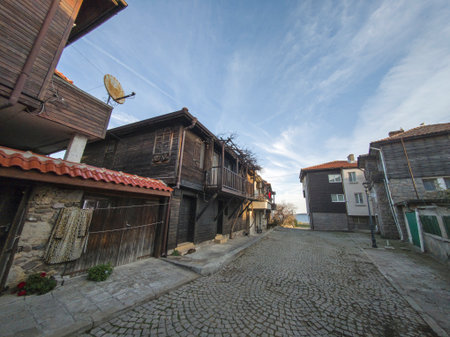 Typical street and houses at The old town of Sozopol, Burgas Region, Bulgariaの写真素材