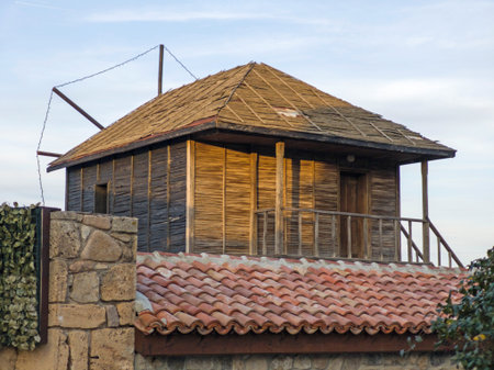 Typical street and houses at The old town of Sozopol, Burgas Region, Bulgariaの写真素材