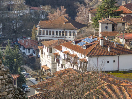 Typical street and old houses at town of Melnik, Blagoevgrad region, Bulgariaの写真素材