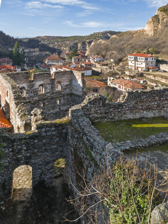 Typical street and old houses at town of Melnik, Blagoevgrad region, Bulgariaの写真素材