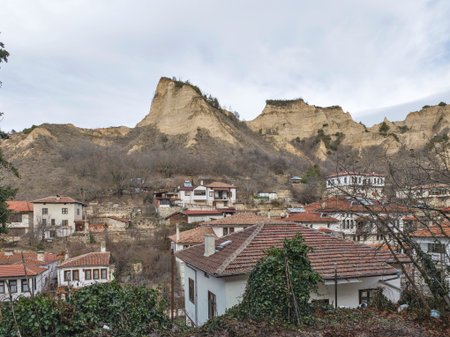 Typical street and old houses at town of Melnik, Blagoevgrad region, Bulgariaの写真素材