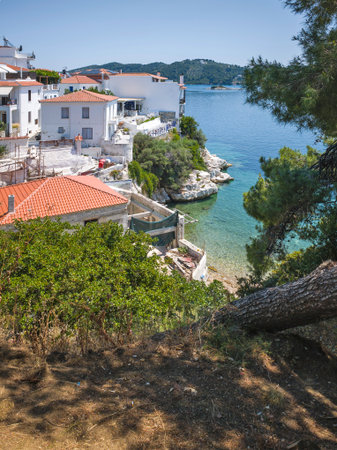 Amazing view of coastline of Skiathos Town, Sporades, Thessaly, Greeceの写真素材