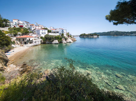 Amazing view of coastline of Skiathos Town, Sporades, Thessaly, Greeceの写真素材