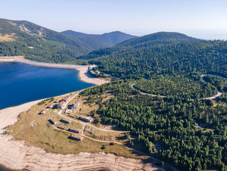 Aerial Summer landscape of Belmeken Dam, Rila mountain, Bulgariaの写真素材