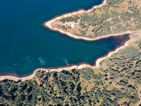 Aerial Summer view of Dospat Reservoir, Smolyan Region, Bulgariaの写真素材