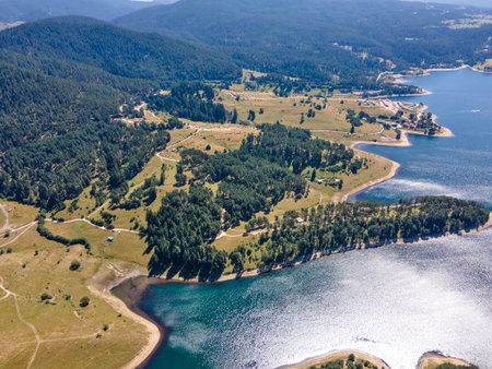 Aerial Summer view of Dospat Reservoir, Smolyan Region, Bulgariaの写真素材