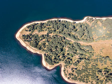 Aerial Summer view of Dospat Reservoir, Smolyan Region, Bulgariaの写真素材