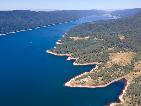 Aerial Summer view of Dospat Reservoir, Smolyan Region, Bulgariaの写真素材