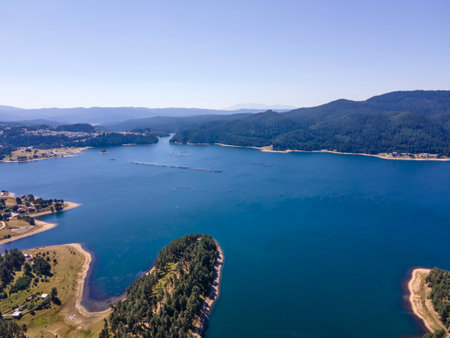 Aerial Summer view of Dospat Reservoir, Smolyan Region, Bulgariaの写真素材