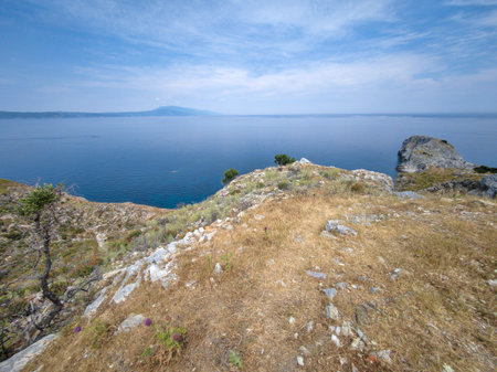 Panorama of Coastline of Skiathos Island around ruins of Byzantine Castle, Sporades, Thessaly, Greeceの写真素材