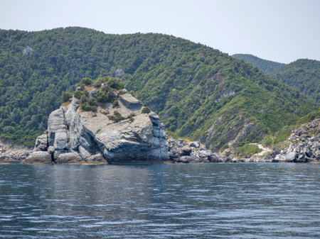 Amazing Panorama of Coastline of Skopelos near Agios Ioannis church, Sporades, Thessaly, Greeceの写真素材