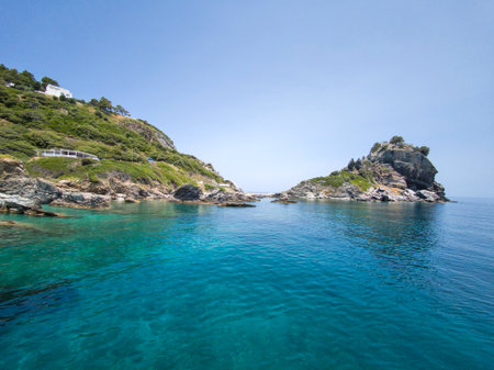 Amazing Panorama of Coastline of Skopelos near Agios Ioannis church, Sporades, Thessaly, Greeceの写真素材