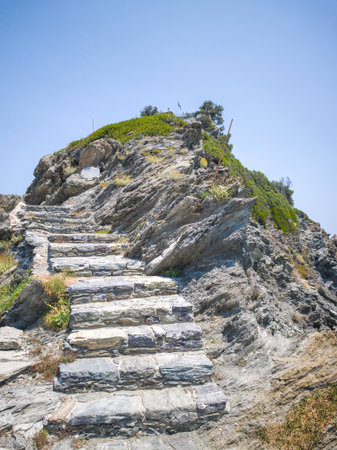 Amazing Panorama of Coastline of Skopelos near Agios Ioannis church, Sporades, Thessaly, Greeceの写真素材