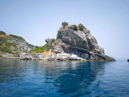 Amazing Panorama of Coastline of Skopelos near Agios Ioannis church, Sporades, Thessaly, Greeceの写真素材
