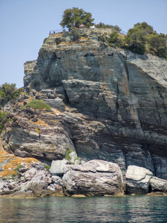 Amazing Panorama of Coastline of Skopelos near Agios Ioannis church, Sporades, Thessaly, Greeceの写真素材