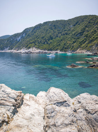 Amazing Panorama of Coastline of Skopelos near Agios Ioannis church, Sporades, Thessaly, Greeceの写真素材