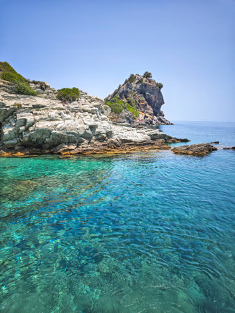 Amazing Panorama of Coastline of Skopelos near Agios Ioannis church, Sporades, Thessaly, Greeceの写真素材