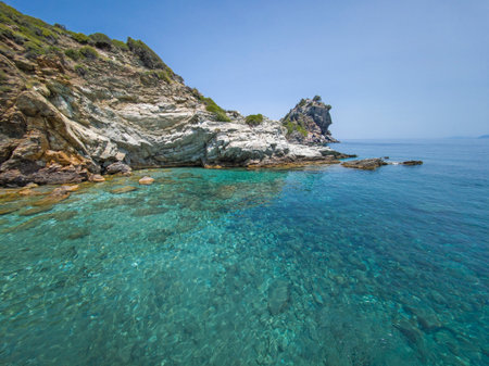 Amazing Panorama of Coastline of Skopelos near Agios Ioannis church, Sporades, Thessaly, Greeceの写真素材