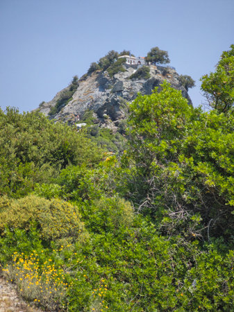 Amazing Panorama of Coastline of Skopelos near Agios Ioannis church, Sporades, Thessaly, Greeceの写真素材
