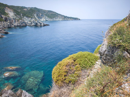 Amazing Panorama of Coastline of Skopelos near Agios Ioannis church, Sporades, Thessaly, Greeceの写真素材