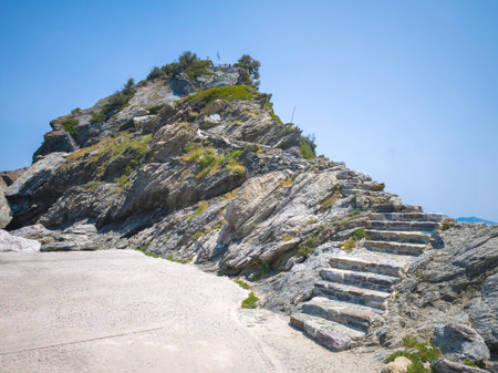 Amazing Panorama of Coastline of Skopelos near Agios Ioannis church, Sporades, Thessaly, Greece
