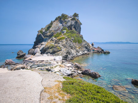 Amazing Panorama of Coastline of Skopelos near Agios Ioannis church, Sporades, Thessaly, Greeceの写真素材