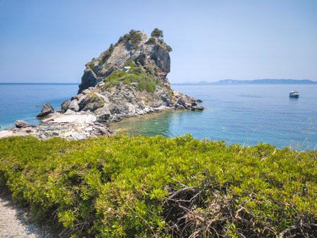 Amazing Panorama of Coastline of Skopelos near Agios Ioannis church, Sporades, Thessaly, Greeceの写真素材