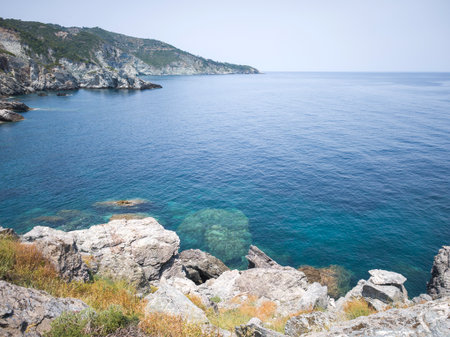 Amazing Panorama of Coastline of Skopelos near Agios Ioannis church, Sporades, Thessaly, Greeceの写真素材