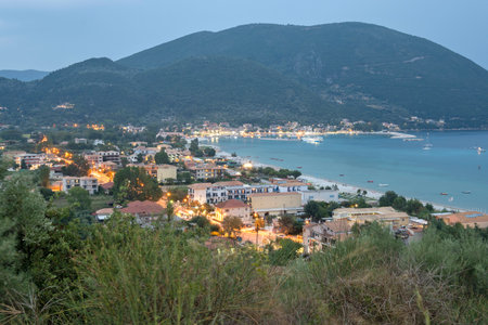 Panoramic Sunset view of village of Vasiliki at Lefkada, Ionian Islands, Greeceの写真素材