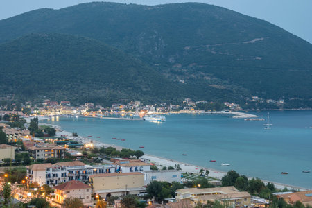 Panoramic Sunset view of village of Vasiliki at Lefkada, Ionian Islands, Greeceの写真素材
