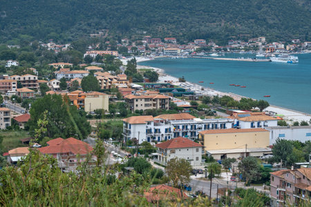 Panoramic Sunset view of village of Vasiliki at Lefkada, Ionian Islands, Greeceの写真素材