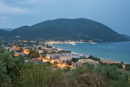 Panoramic Sunset view of village of Vasiliki at Lefkada, Ionian Islands, Greeceの写真素材