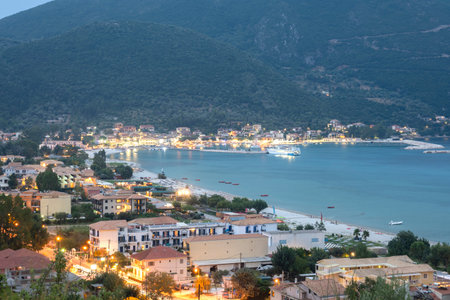 Panoramic Sunset view of village of Vasiliki at Lefkada, Ionian Islands, Greeceの写真素材