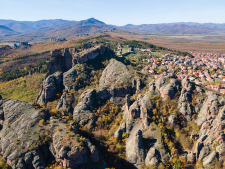 Amazing Autumn Aerial view of Belogradchik Rocks, Vidin Region, Bulgariaの写真素材
