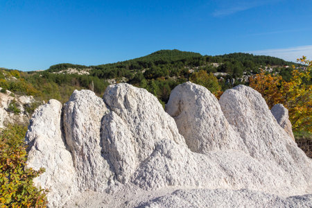 Autumn view of Rock Formation The Stone Wedding near town of Kardzhali, Bulgariaの写真素材