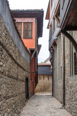 Typical street and houses at The old town of city of Plovdiv, Bulgariaの写真素材