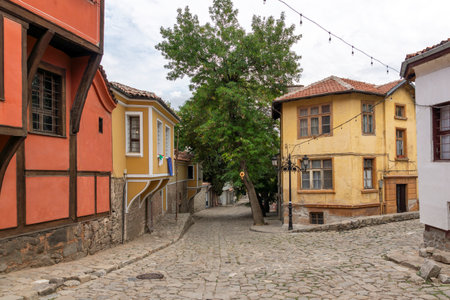 Typical street and houses at The old town of city of Plovdiv, Bulgariaの写真素材