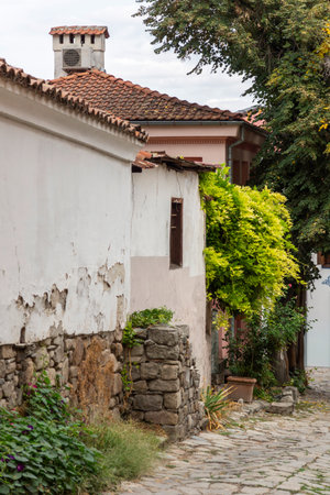 Typical street and houses at The old town of city of Plovdiv, Bulgariaの写真素材