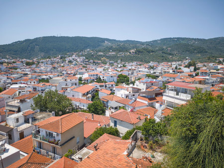 Amazing Panorama of The town of Skiathos, Sporades, Thessaly, Greeceの写真素材