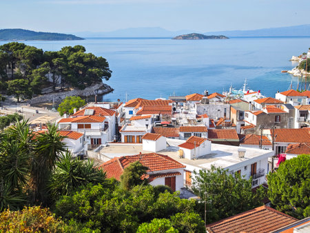 Amazing Panorama of The town of Skiathos, Sporades, Thessaly, Greeceの写真素材