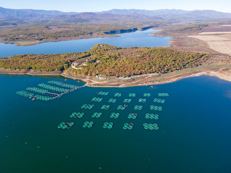 Aerial Autumn view of Ogosta Reservoir, Montana Region, Bulgaria